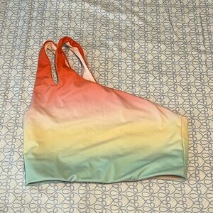Fabletics Ombre One-Shoulder Sports Bra in Coral, Yellow, Mint